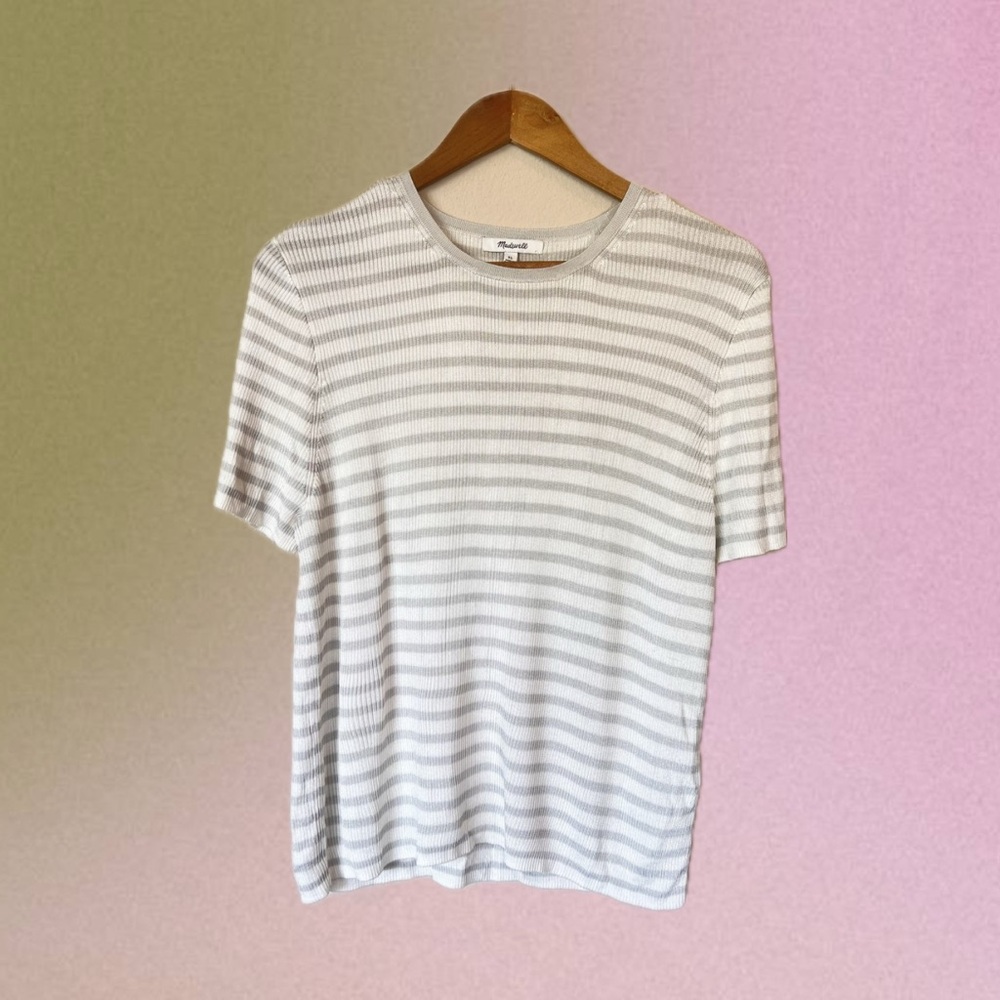 Madewell Knit Striped White and Gray Women's Tee